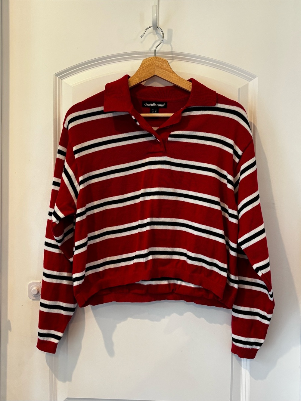 Charlotte Russe Red Striped Cotton Polo Sweater Long Sleeve Women